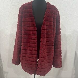 Tees2urdoor Womens Burgundy Faux Fur Jacket V Neck Zipper Closure Size XL NWT